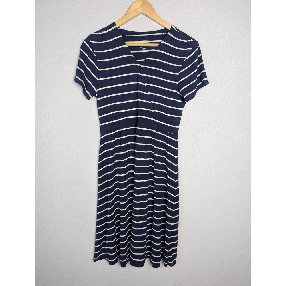 L.L. Bean Dress Womens Petite Small Blue Stripe Fit Flare Knee Length V Neck